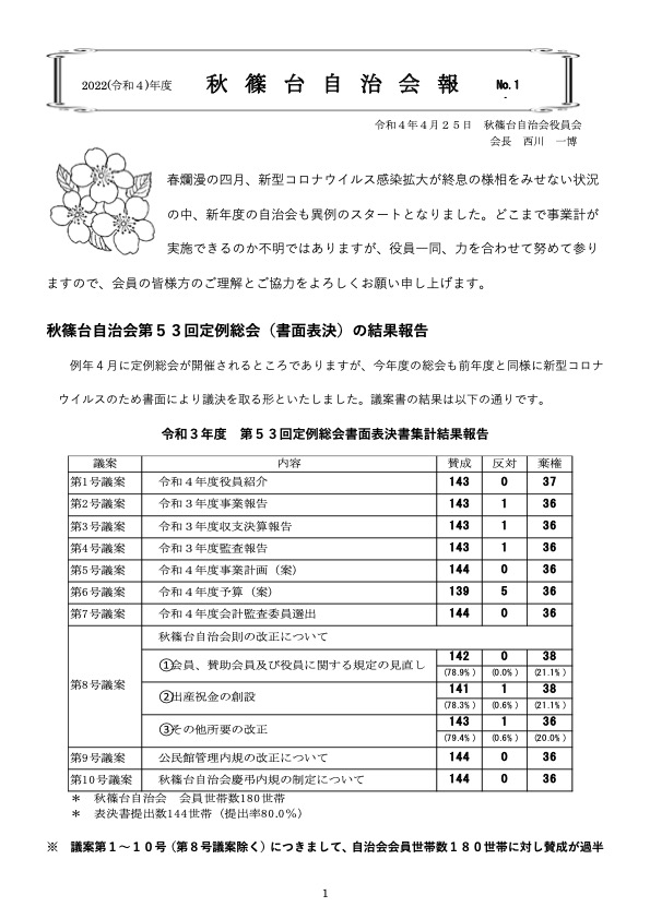 令和4年度　秋篠台自治会報No1